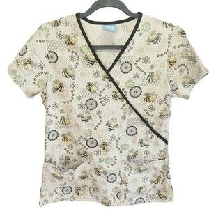 EUC H.Q. BEE FLORAL BEIGE BROWN YELLOW BLACK SCRUB TOP POLYESTER COTTON SIZE XS